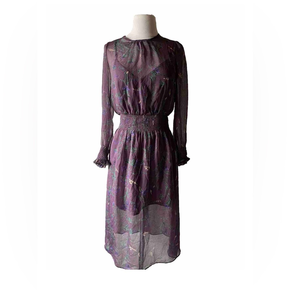 Re-named purple sheer floral print midi dress long sleeve with cami slip